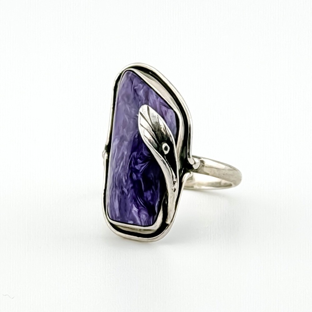 Vintage Purple Charoite Sterling Silver Floral Bezel Set Statement Ring Size 8.5